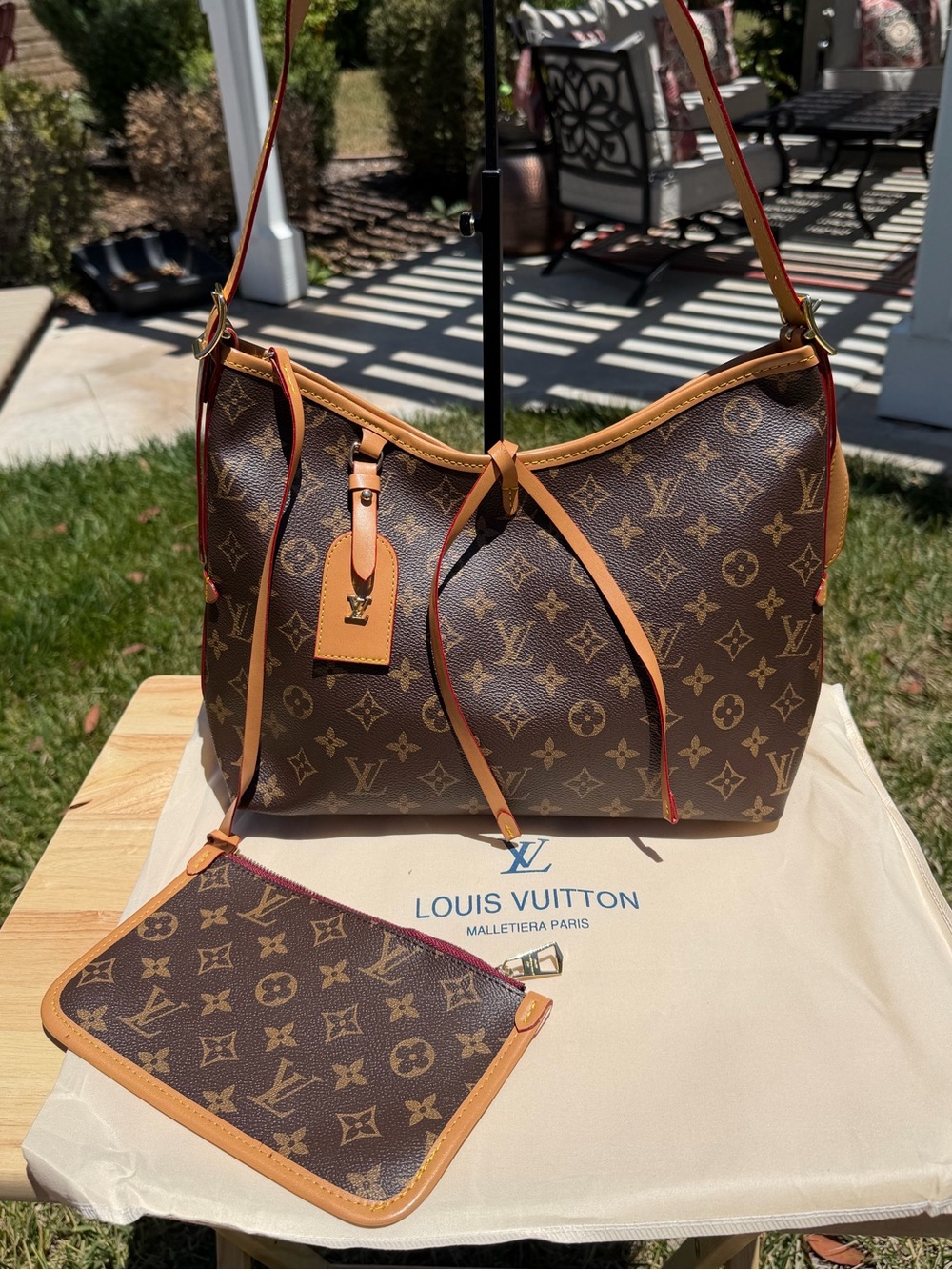 NEW LV CarryAll PM Brown Tan Gold Monogram Shoulder Hobo Bag & Wristlet